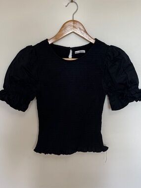 Reformation Black Smocked Puff Sleeve Blouse Size XS